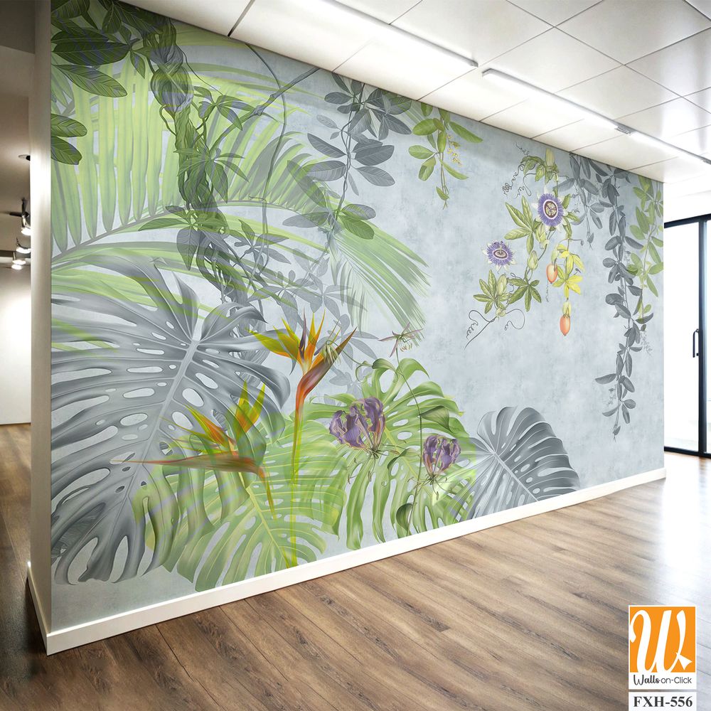 Tropical plants, flowers and leaves on a light background. Great choise for wallpaper, photo wallpaper, mural, card, postcard, home decor, poster. Design for modern and loft interior. [WP-FXH-556]