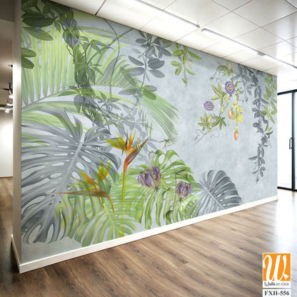 Tropical plants, flowers and leaves on a light background. Great choise for wallpaper, photo wallpaper, mural, card, postcard, home decor, poster. Design for modern and loft interior. [WP-FXH-556]