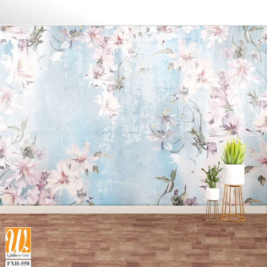 Flowers on a textural background, art drawing, photo wallpaper in light colors [WP-FXH-558]