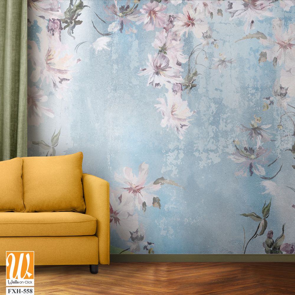 Flowers on a textural background, art drawing, photo wallpaper in light colors [WP-FXH-558]