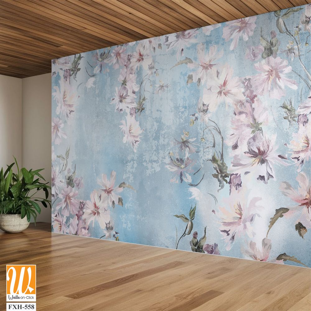 Flowers on a textural background, art drawing, photo wallpaper in light colors [WP-FXH-558]