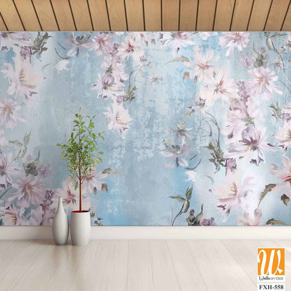 Flowers on a textural background, art drawing, photo wallpaper in light colors [WP-FXH-558]