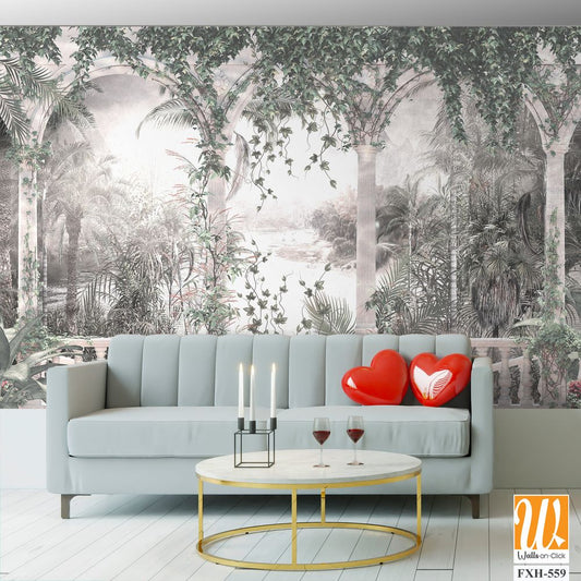 Tropical leaves and vines digital print wallpaper design - 3D illustration [WP-FXH-559]