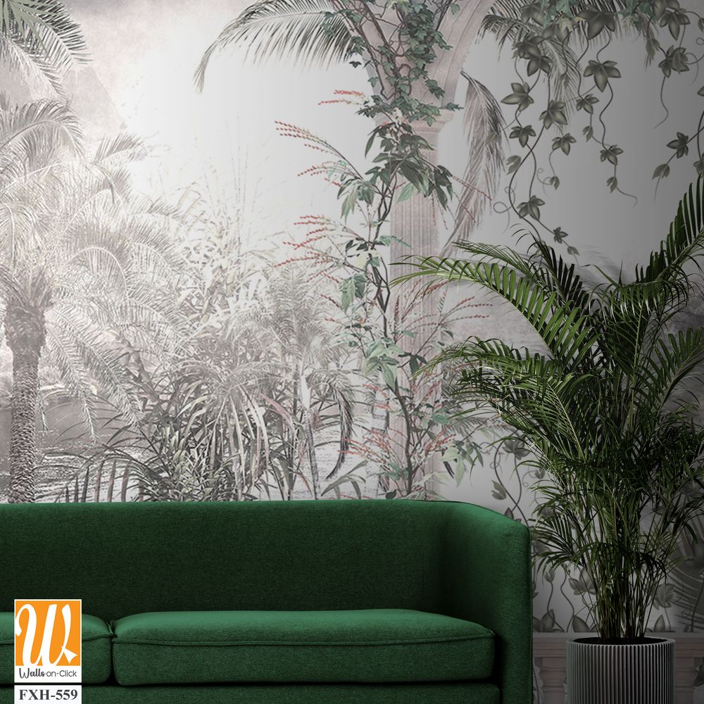 Tropical leaves and vines digital print wallpaper design - 3D illustration [WP-FXH-559]