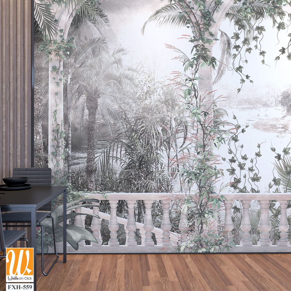 Tropical leaves and vines digital print wallpaper design - 3D illustration [WP-FXH-559]