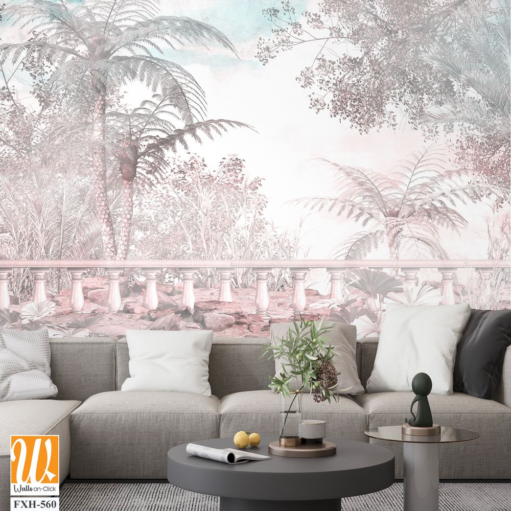 Tropical leaves and vines digital print wallpaper design - 3D illustration [WP-FXH-560]