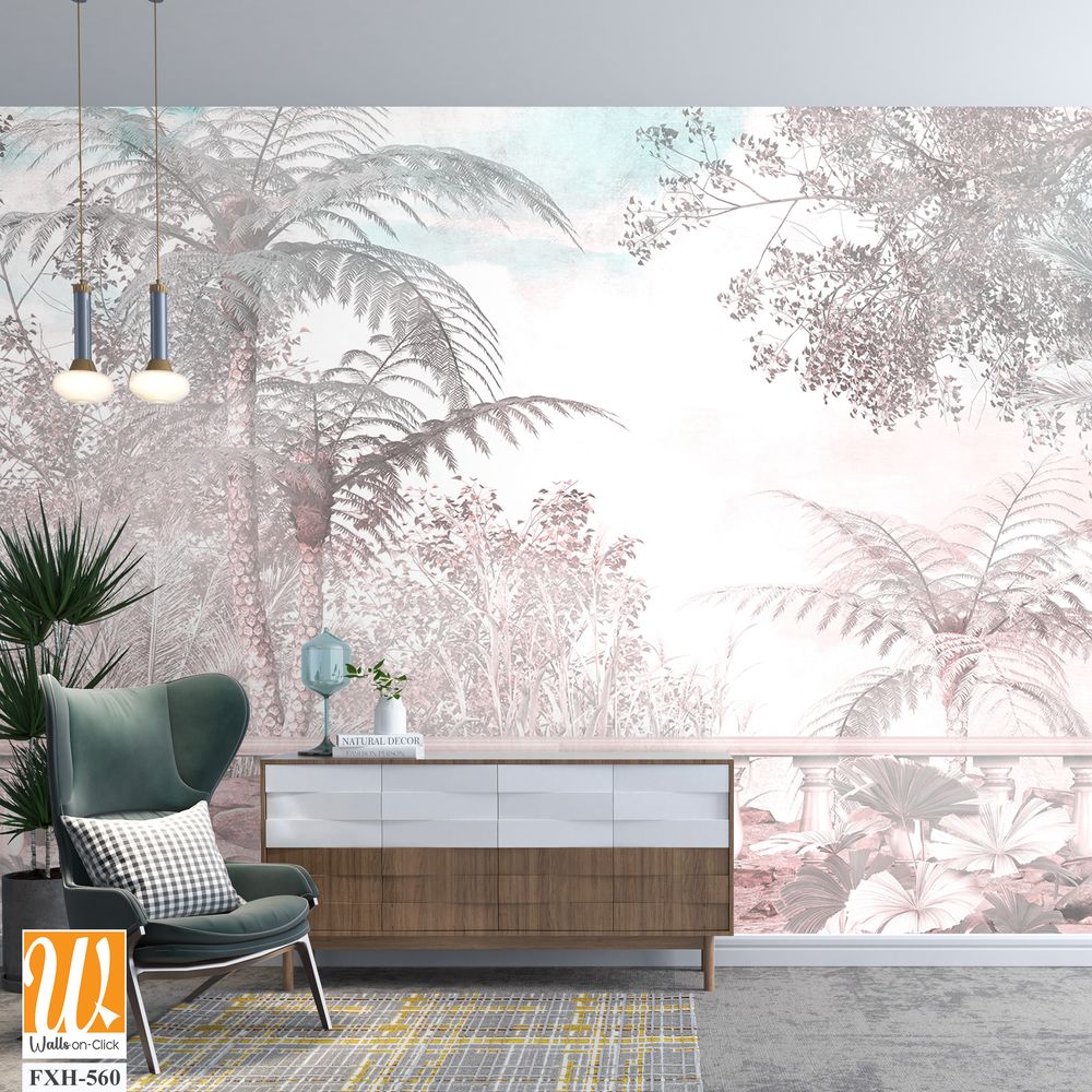 Tropical leaves and vines digital print wallpaper design - 3D illustration [WP-FXH-560]