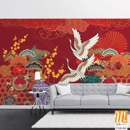 Chinese and Japanese style oriental motif illustration. Wallpaper design with cherry flower, bonsai, crane bird, sky and wave art. Oriental style background [WP-FXH-561]