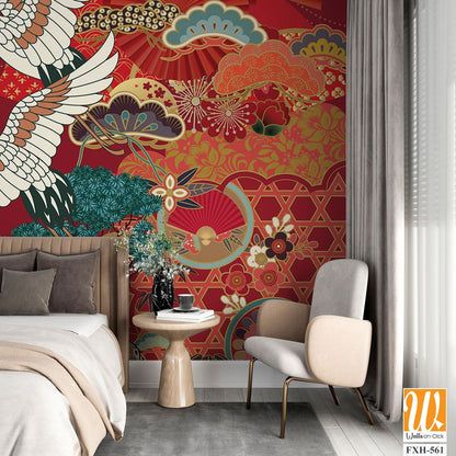 Chinese and Japanese style oriental motif illustration. Wallpaper design with cherry flower, bonsai, crane bird, sky and wave art. Oriental style background [WP-FXH-561]