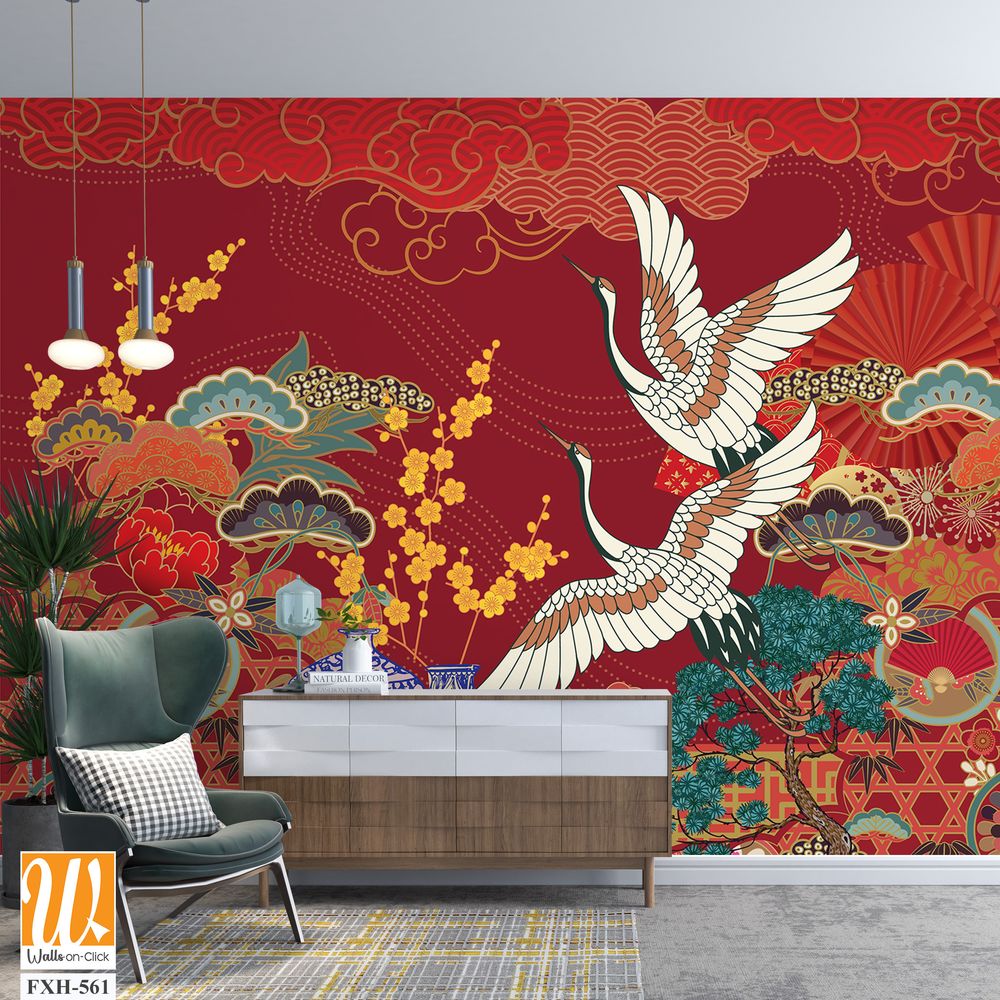 Chinese and Japanese style oriental motif illustration. Wallpaper design with cherry flower, bonsai, crane bird, sky and wave art. Oriental style background [WP-FXH-561]