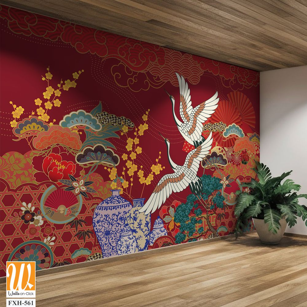 Chinese and Japanese style oriental motif illustration. Wallpaper design with cherry flower, bonsai, crane bird, sky and wave art. Oriental style background [WP-FXH-561]