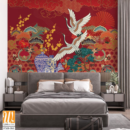 Chinese and Japanese style oriental motif illustration. Wallpaper design with cherry flower, bonsai, crane bird, sky and wave art. Oriental style background [WP-FXH-561]