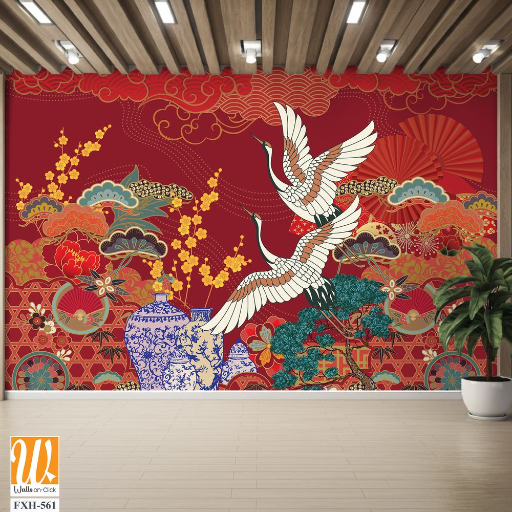 Chinese and Japanese style oriental motif illustration. Wallpaper design with cherry flower, bonsai, crane bird, sky and wave art. Oriental style background [WP-FXH-561]