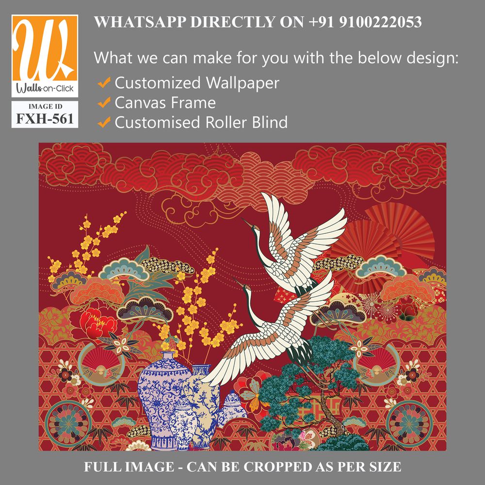 Chinese and Japanese style oriental motif illustration. Wallpaper design with cherry flower, bonsai, crane bird, sky and wave art. Oriental style background [WP-FXH-561]