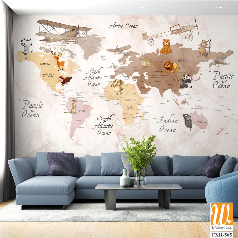 Kids room wallpaper , Wallpaper design for world map digital printing [WP-FXH-565]