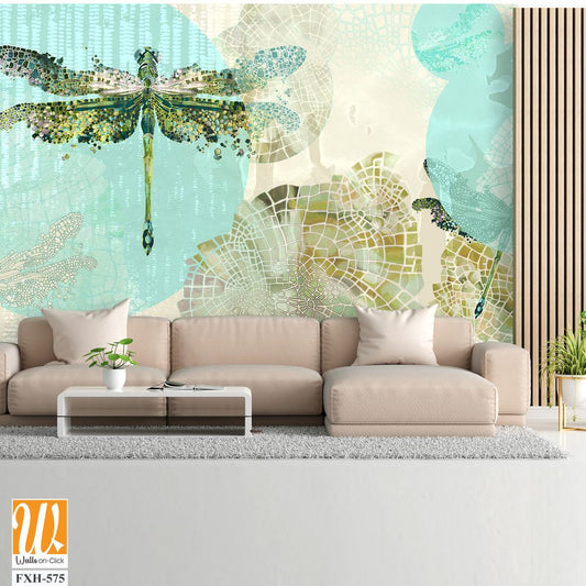 Dragonflies that fly on canvas texture background with watercolor highlights photo wallpaper [WP-FXH-575]