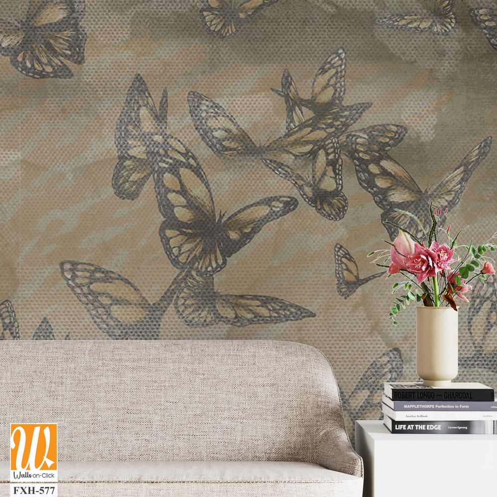 Texture background on which flying butterflies are visible, drawing in gray tones, photo wallpaper [WP-FXH-577]