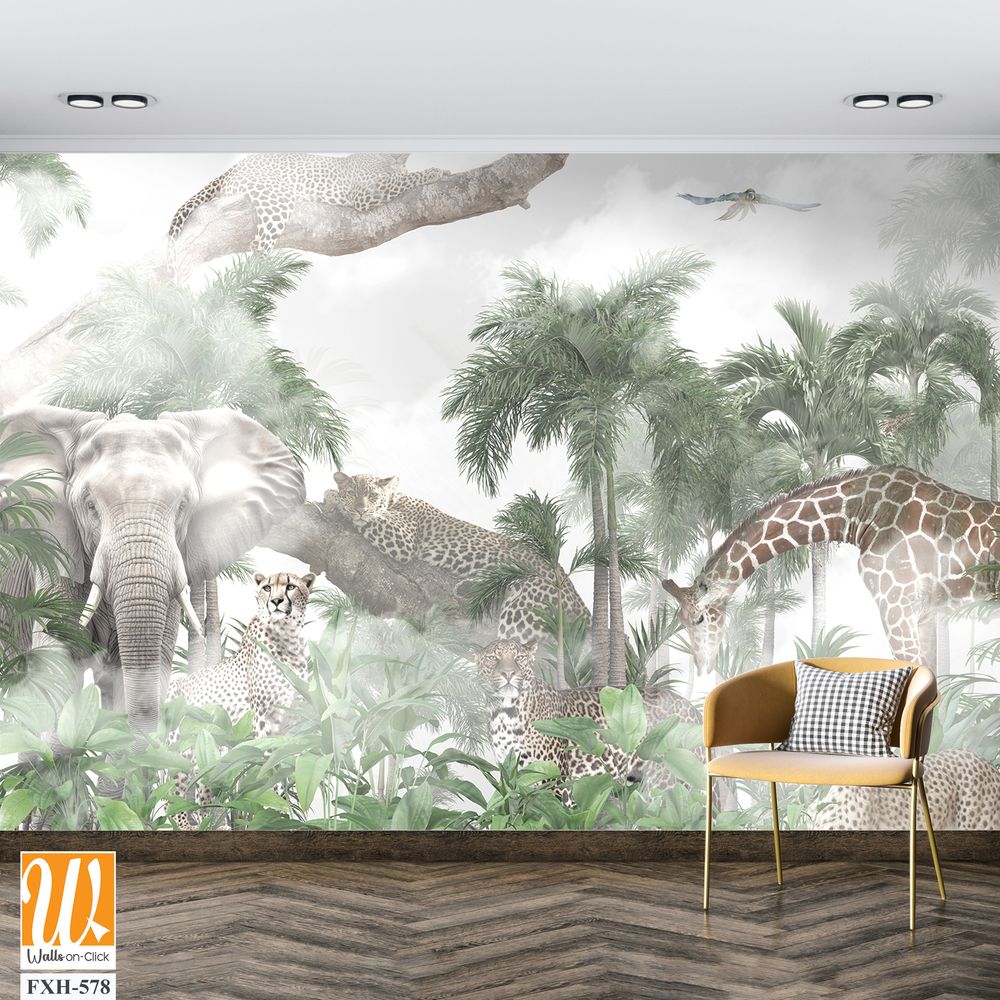 Tropical Trees and safari animals wallpaper design for digital printing - 3D illustration [WP-FXH-578]