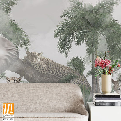 Tropical Trees and safari animals wallpaper design for digital printing - 3D illustration [WP-FXH-578]