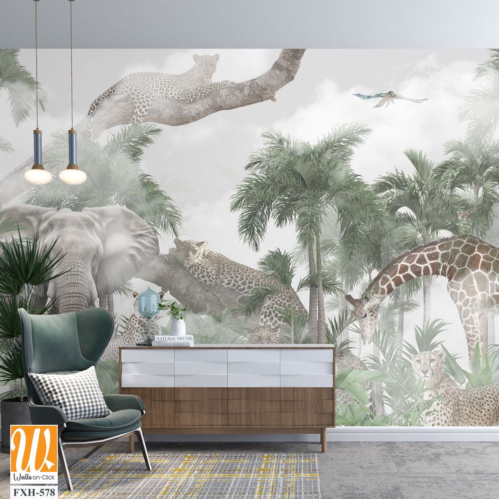 Tropical Trees and safari animals wallpaper design for digital printing - 3D illustration [WP-FXH-578]