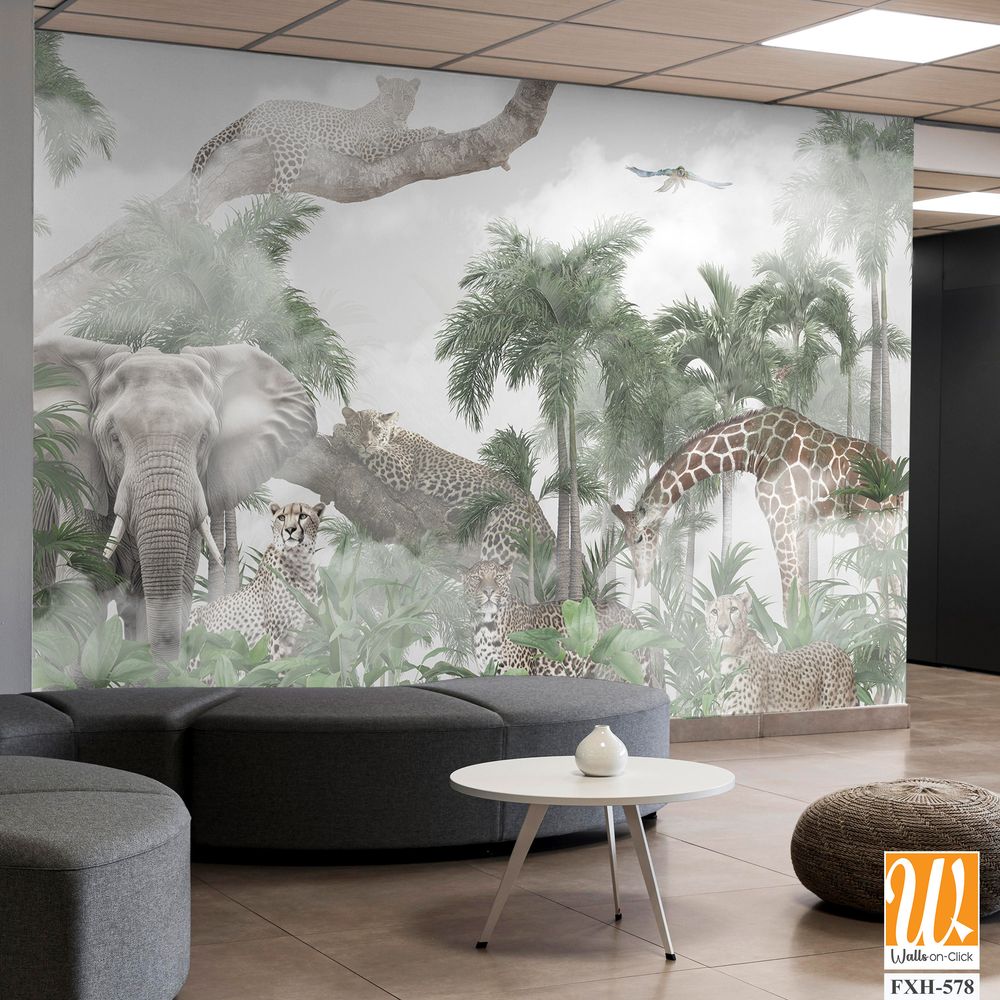 Tropical Trees and safari animals wallpaper design for digital printing - 3D illustration [WP-FXH-578]