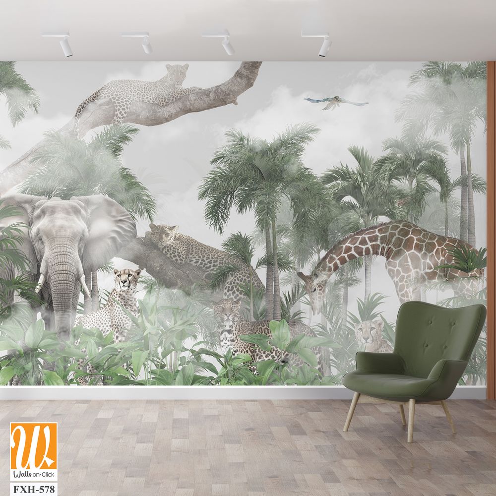 Tropical Trees and safari animals wallpaper design for digital printing - 3D illustration [WP-FXH-578]