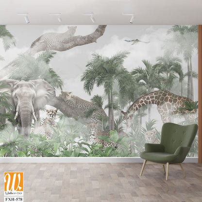 Tropical Trees and safari animals wallpaper design for digital printing - 3D illustration [WP-FXH-578]