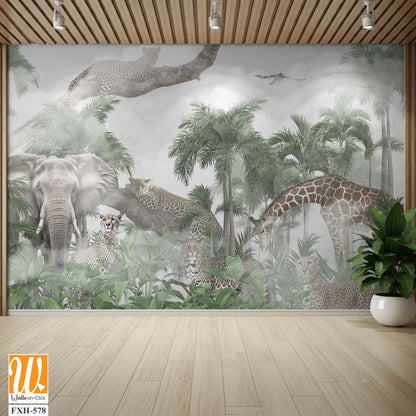 Tropical Trees and safari animals wallpaper design for digital printing - 3D illustration [WP-FXH-578]