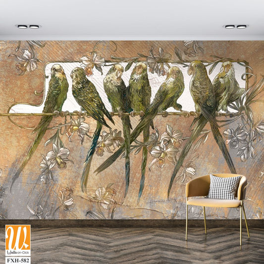 Bright playful parrots on a branch, art drawing, texture background, photo wallpaper in the interior [WP-FXH-582]