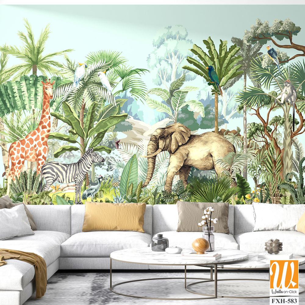 Tropical jungle safari animal forest illustration for wallpaper print [WP-FXH-583]