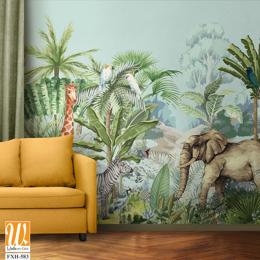 Tropical jungle safari animal forest illustration for wallpaper print [WP-FXH-583]