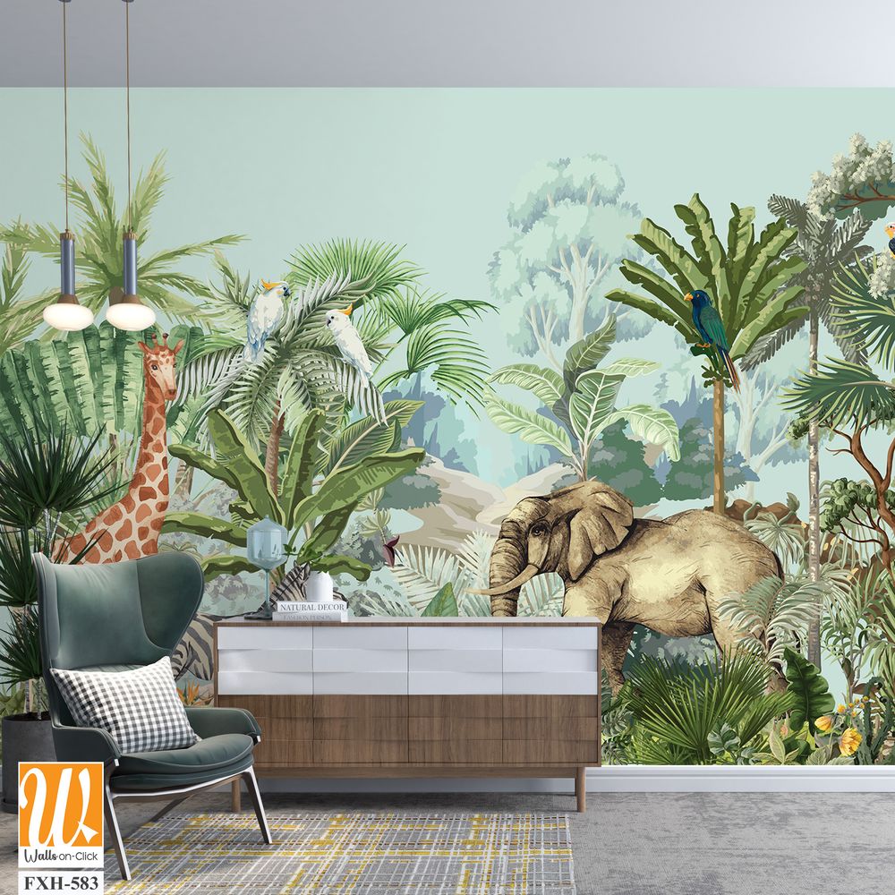 Tropical jungle safari animal forest illustration for wallpaper print [WP-FXH-583]