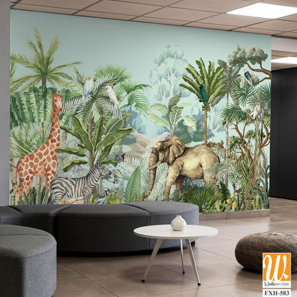 Tropical jungle safari animal forest illustration for wallpaper print [WP-FXH-583]