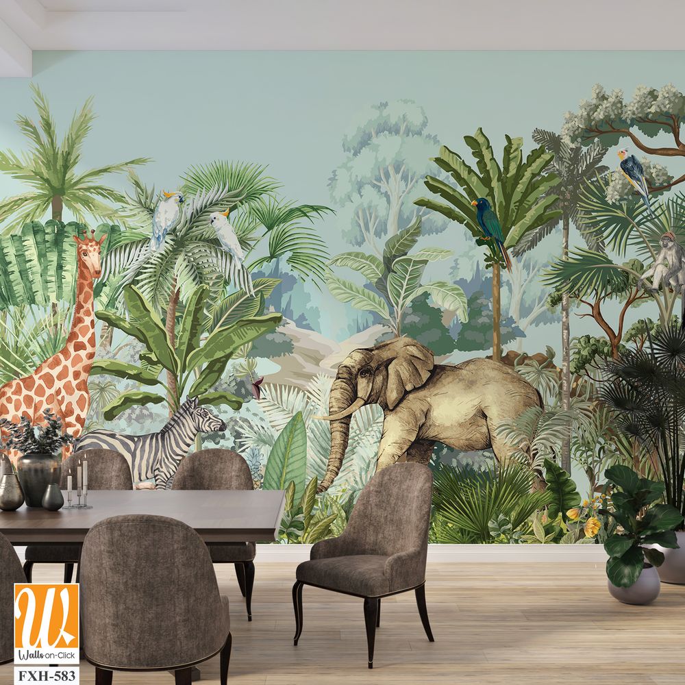 Tropical jungle safari animal forest illustration for wallpaper print [WP-FXH-583]