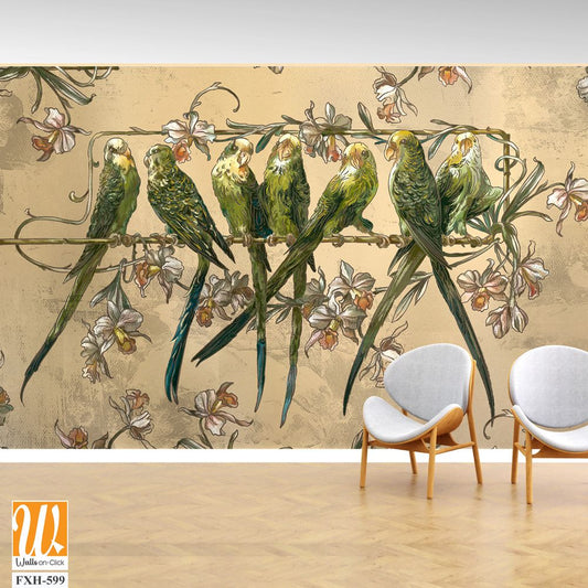 Beautiful, bright, playful parrots on a branch, art drawing on a textured background, photo wallpaper in the interior [WP-FXH-599]