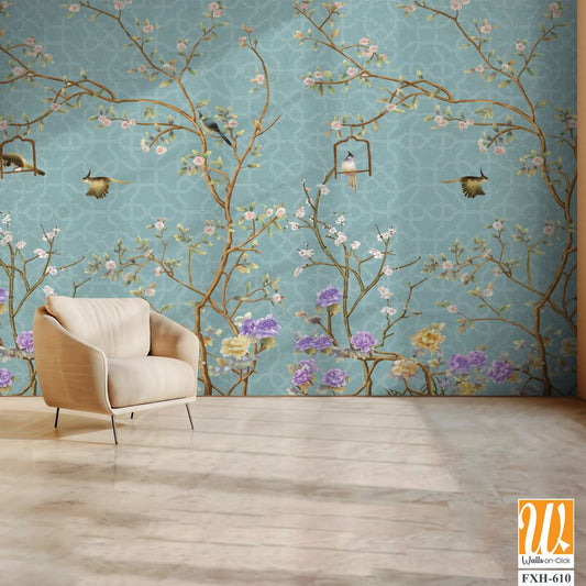 3d wallpaper design with little flowers,country style branches and flowers and birds for mural print [WP-FXH-610]