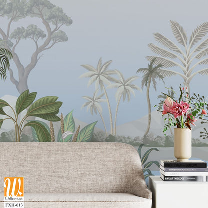 Tropical tree and Leaf jangle print, Beautiful jangle background with watercolor tree. [WP-FXH-613]