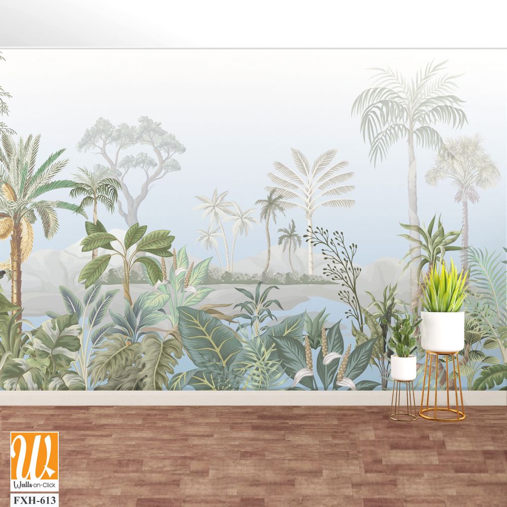 Tropical tree and Leaf jangle print, Beautiful jangle background with watercolor tree. [WP-FXH-613]