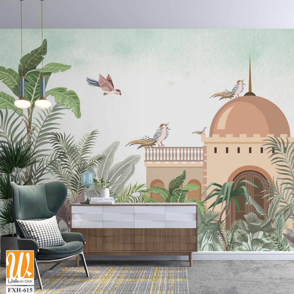 Tropical Plant Islamic stricture, Watercolor tree and bird [WP-FXH-615]