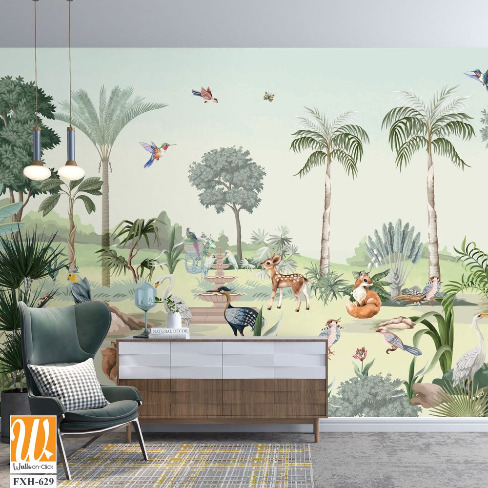 Tropical jungle safari animal forest illustration for wallpaper print [WP-FXH-629]