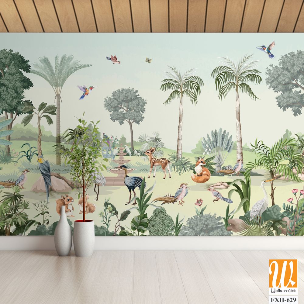 Tropical jungle safari animal forest illustration for wallpaper print [WP-FXH-629]