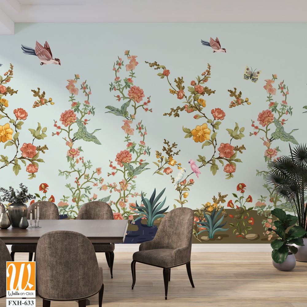 3d wallpaper design with branches, birds and flowers for digital wall print [WP-FXH-633]