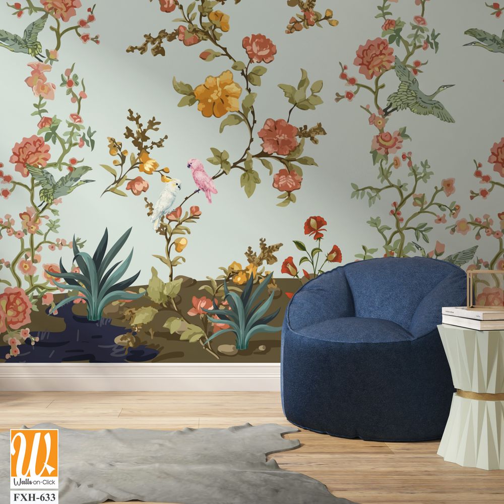 3d wallpaper design with branches, birds and flowers for digital wall print [WP-FXH-633]