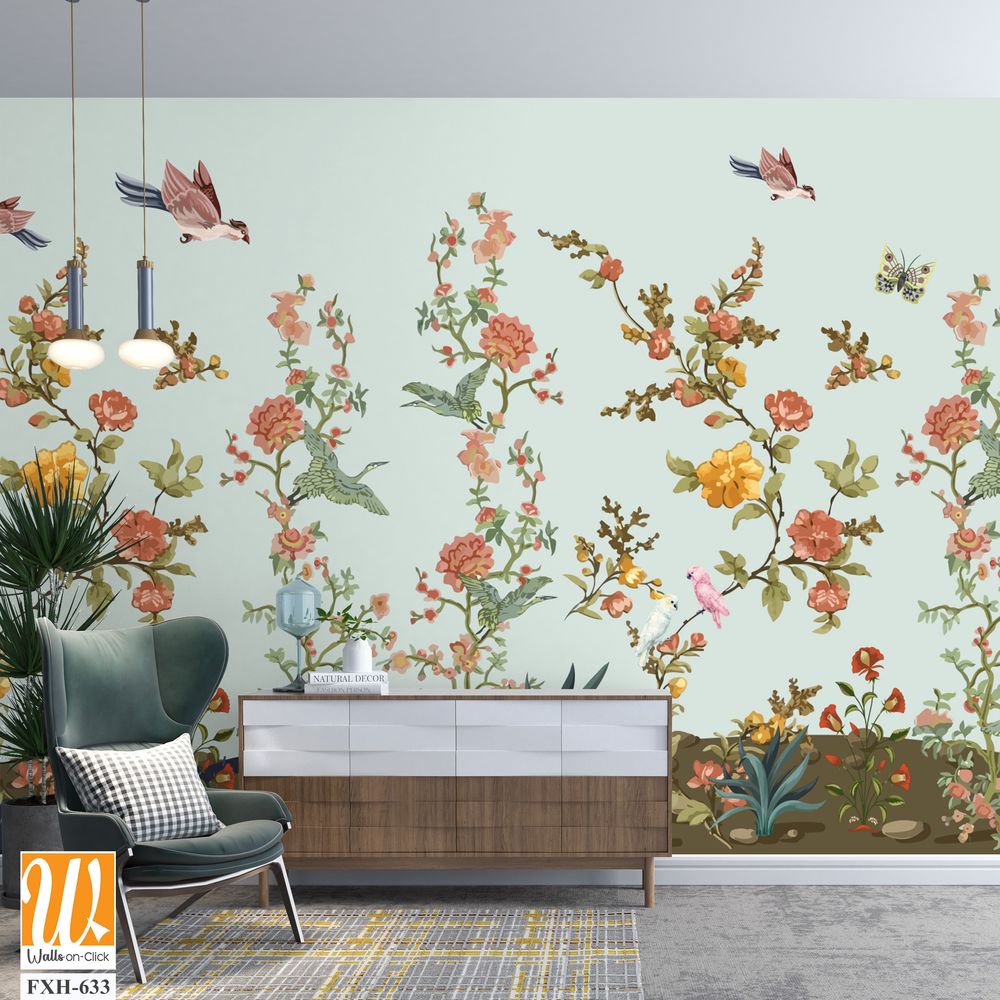 3d wallpaper design with branches, birds and flowers for digital wall print [WP-FXH-633]