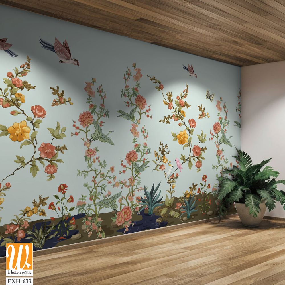 3d wallpaper design with branches, birds and flowers for digital wall print [WP-FXH-633]