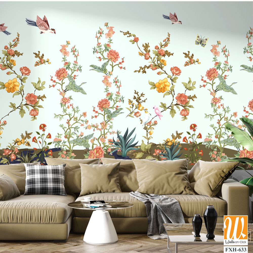 3d wallpaper design with branches, birds and flowers for digital wall print [WP-FXH-633]