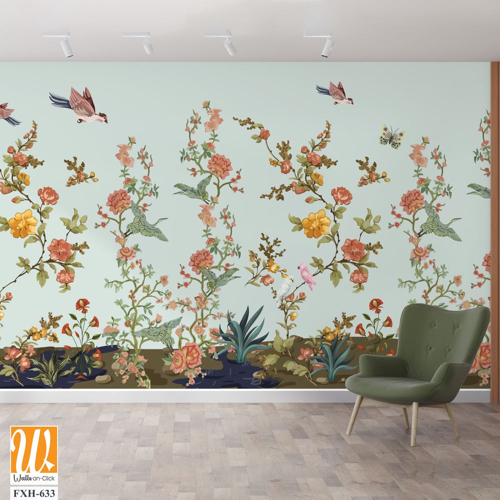 3d wallpaper design with branches, birds and flowers for digital wall print [WP-FXH-633]