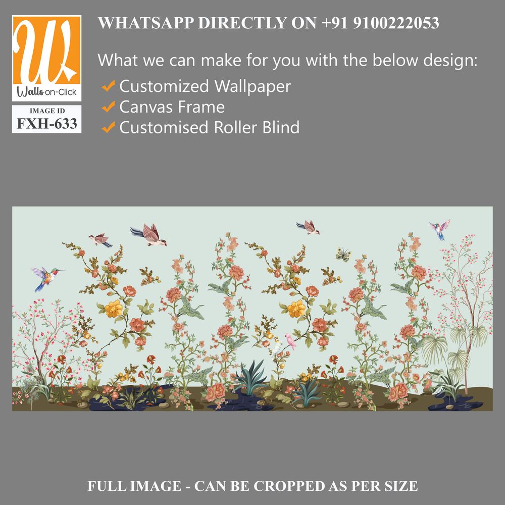 3d wallpaper design with branches, birds and flowers for digital wall print [WP-FXH-633]