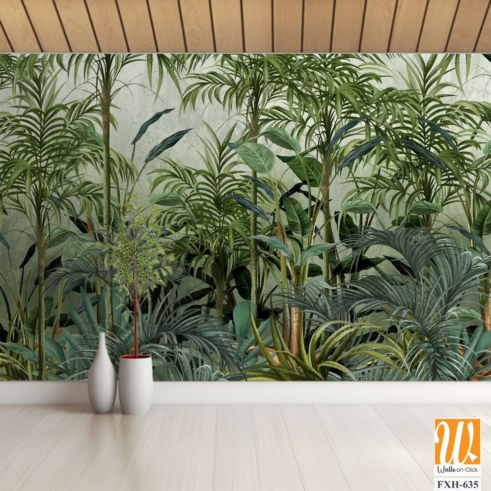 Ainted plants, tropical plants and trees, art drawings on a textured background, photo wallpapers for the interior come to life on canvas. [WP-FXH-635]