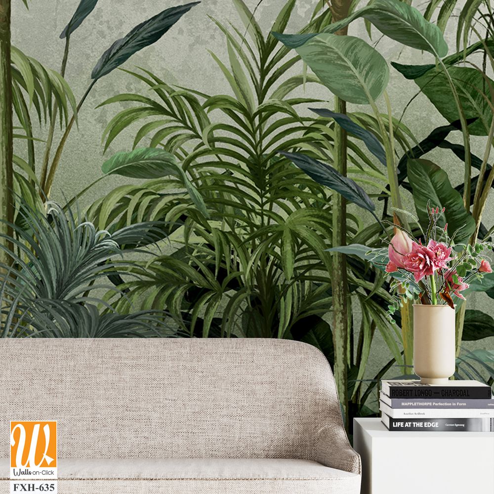 Ainted plants, tropical plants and trees, art drawings on a textured background, photo wallpapers for the interior come to life on canvas. [WP-FXH-635]